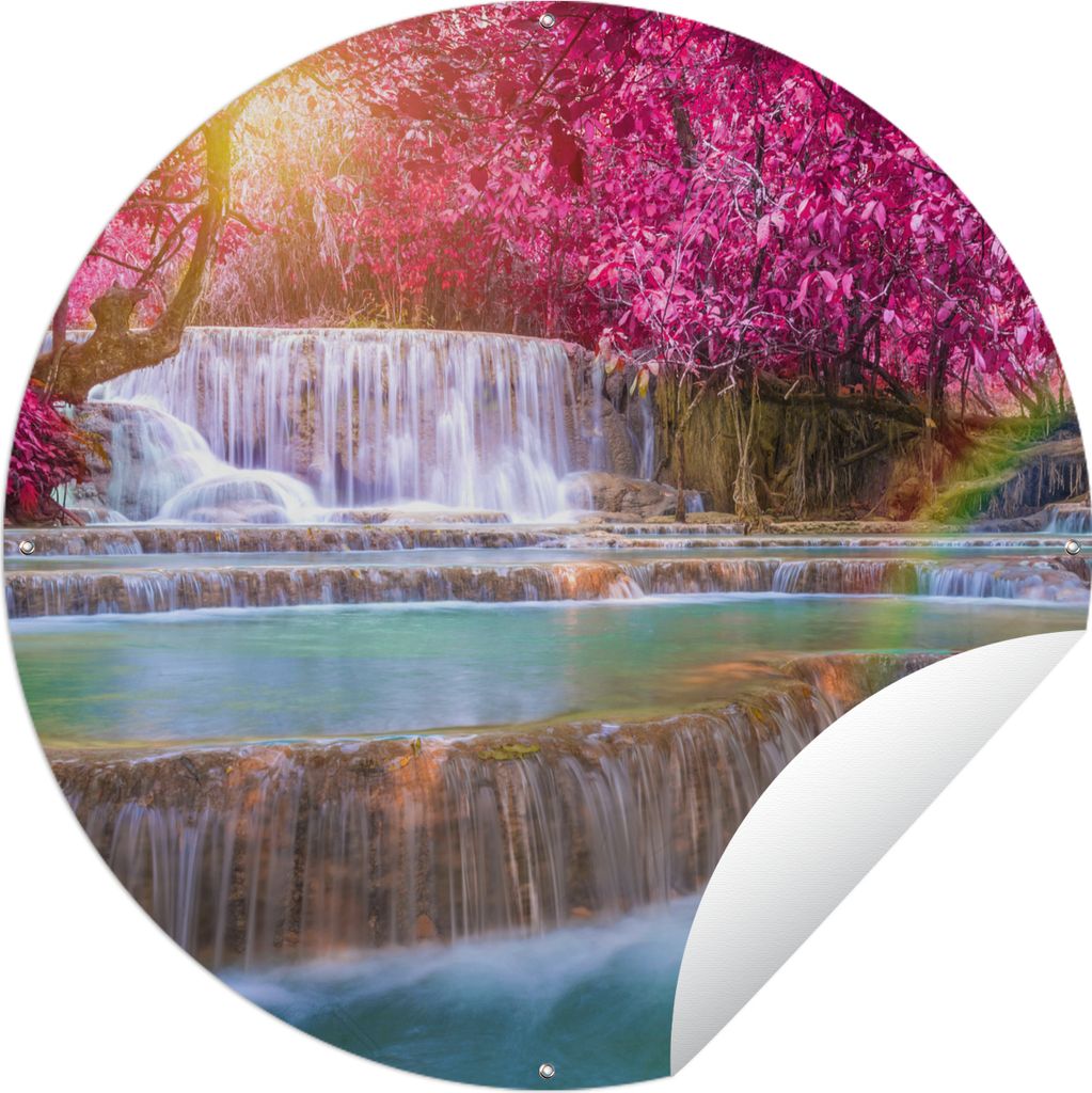 MuchoWow Gartenposter Outdoor-Poster Rund Wasserfall - Regenbogen - Bäume - Rosa - Natur Ø 60 cm Gartendeko Rundes Poster draußen