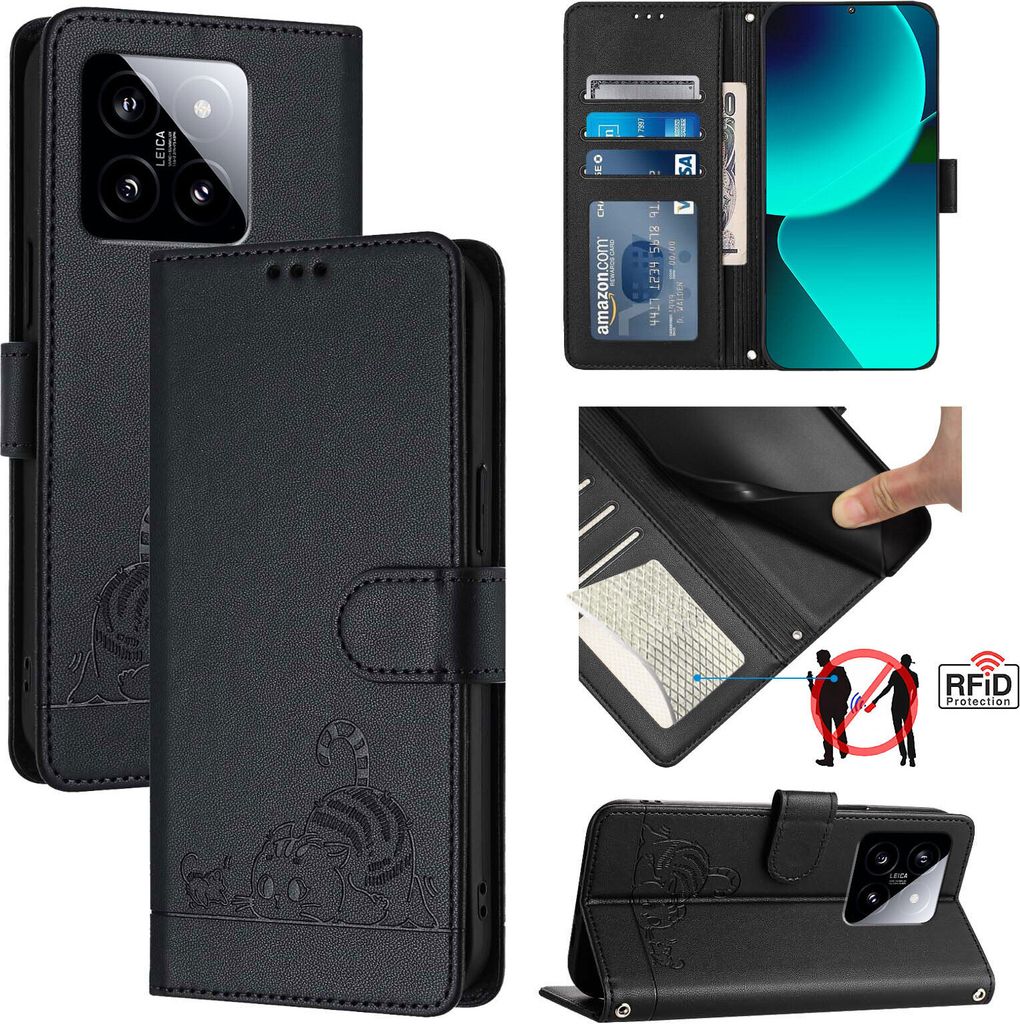 Leder Hülle für Xiaomi 14 Süße Katze Flip Case Brieftasche Schutzhülle mit Standfunktion Schwarz