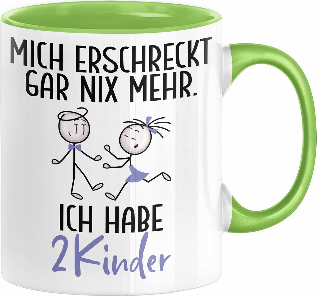 Eltern Mutter Vater Tasse Geschenk von 2 Kindern Lustige Geschenkidee für Mama Papa Mich Erschreckt Gar Nix Mehr Ich Habe 2 Kinder (Grün)