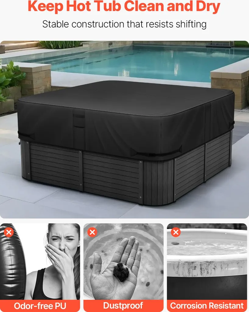 VEVOR copertura per vasca idromassaggio (2235 x 2235 x 508 mm) resistente alle intemperie e all'acqua, copertura per spa in tessuto Oxford e con resistenza allo strappo 950 N, antipolvere per vasche da bagno nero - 6