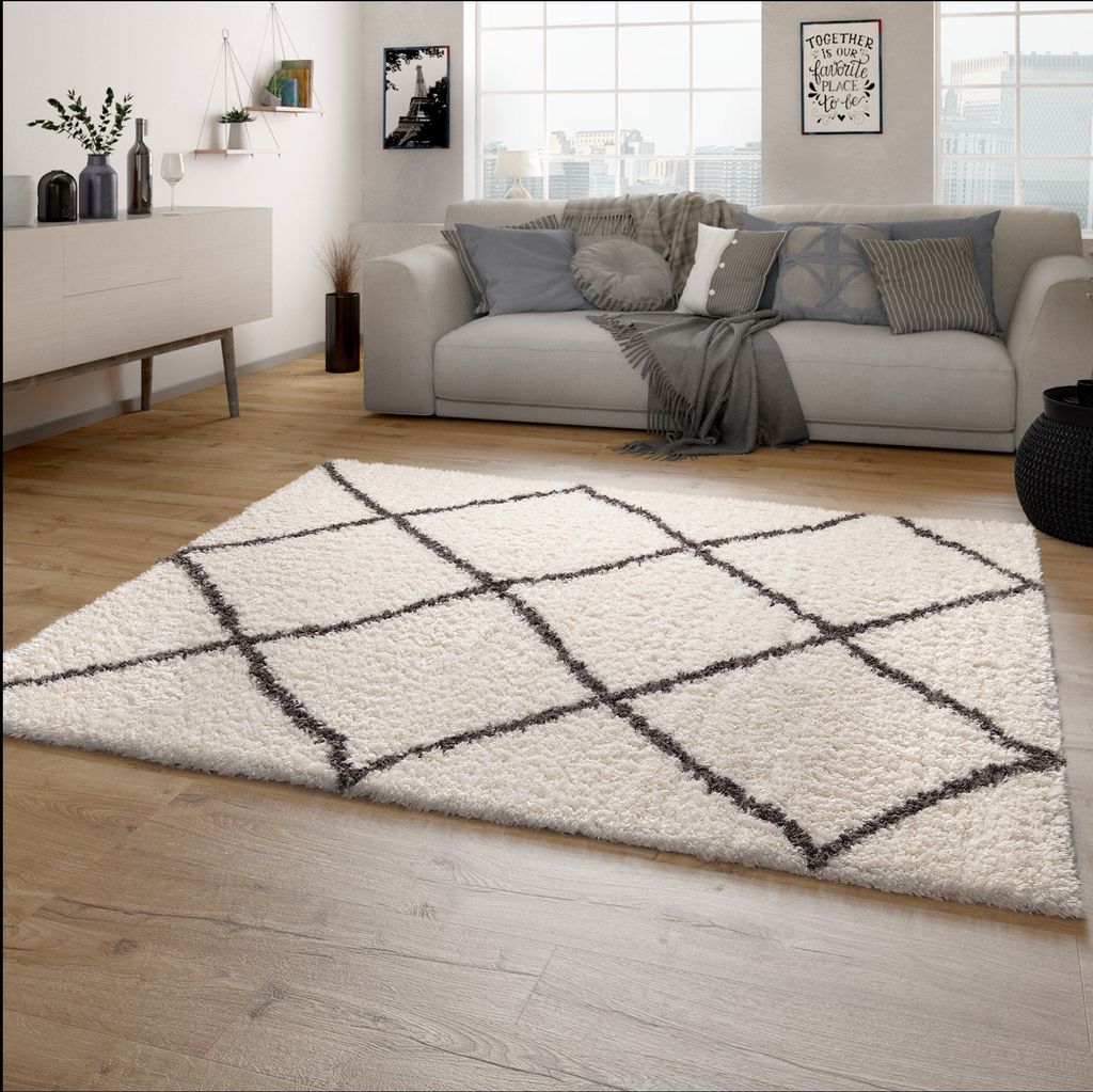 Hochflor Teppich Wohnzimmer Shaggy Langflor Skandinavisches Rauten Muster Modern Grösse 80x150 cm