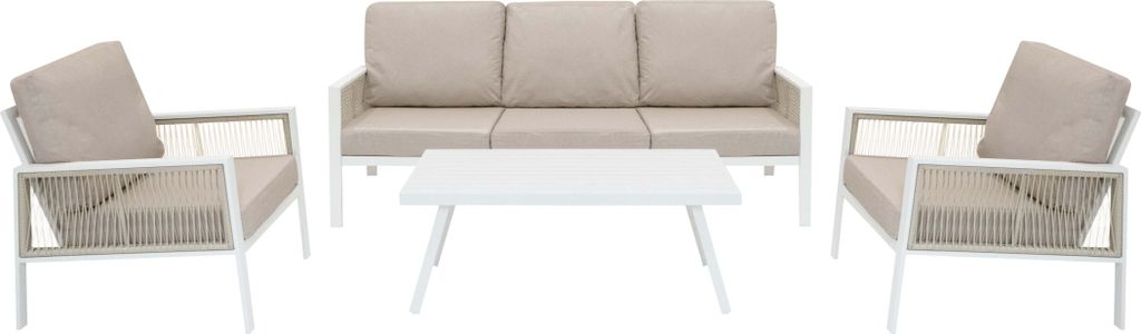Garten Aluminium 5-Sitzer Möbelset Weiß 4-teilig Outdoor Terrasse Lounge Essbereich 3-Sitzer Sofa 2 Sessel Couchtisch Wetterfest Dicke Polster Wa...
