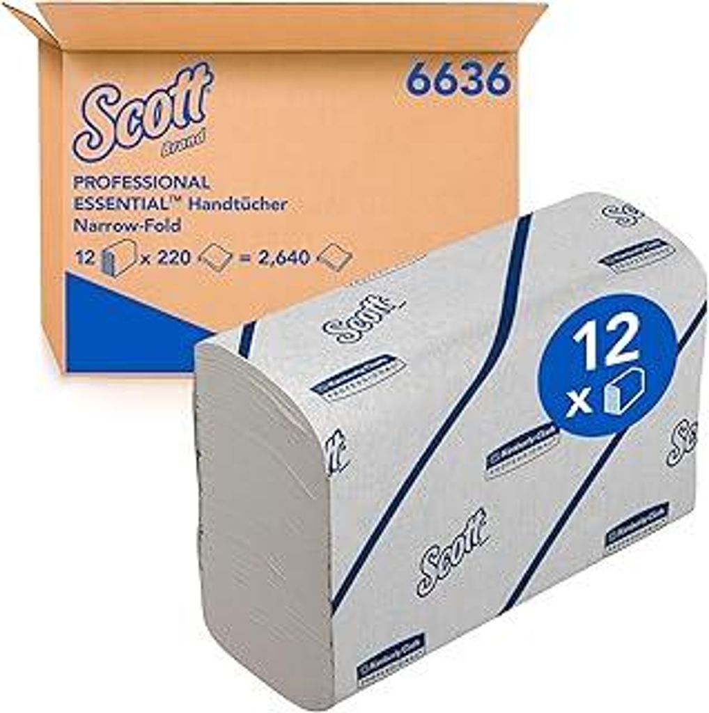 Scott Essential Papierhandtücher – weißes Handtuchpapier mit Narrowfold, effektives Händetrocknen, 100% Recyclingfasern, 12 Clips x 220 Faltha...