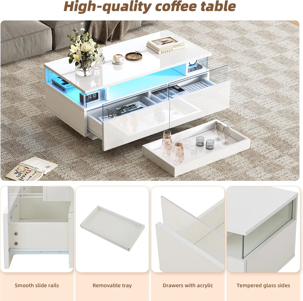 Table Basse LED Blanche : Solution Rangement et Éclairage pour Petit Salon - 6