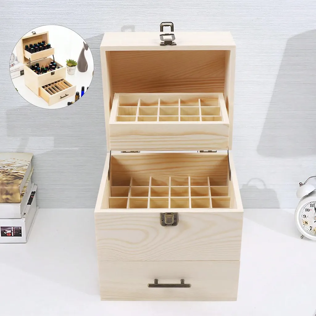 Boîte de rangement huiles essentielles 59 flacons bois 3 plateaux - 6