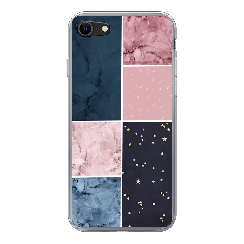MuchoWow Handyhülle Schutzhülle Hülle für iPhone 7 Marmor - Rosa - Blau Silikon Softcase Handy Hülle - Kartenhalter