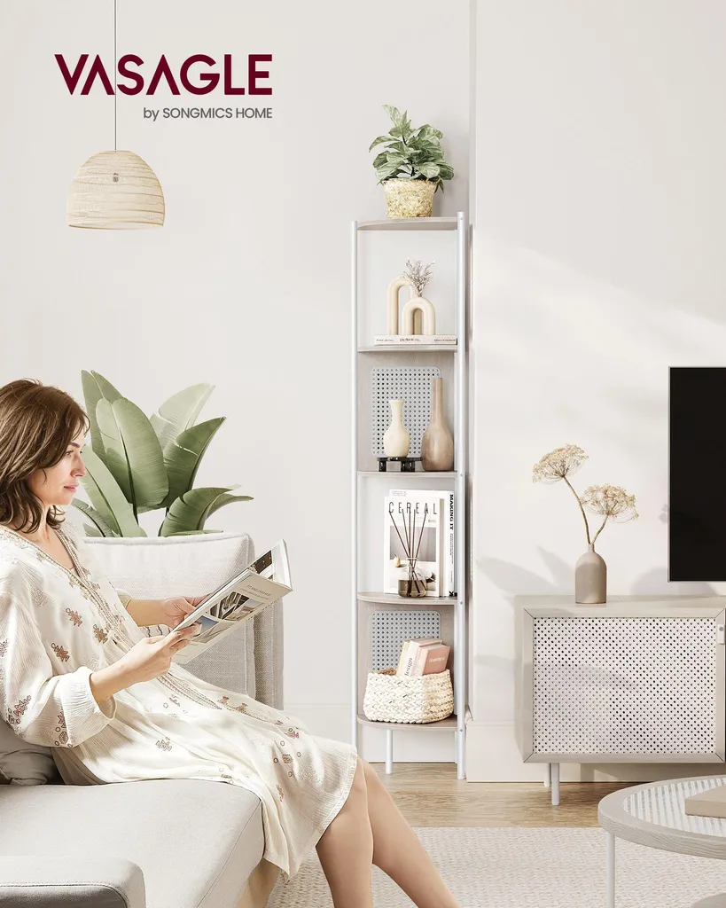 Bibliothèque d'angle beige avoine avec rotin pour petit espace et studio - 2
