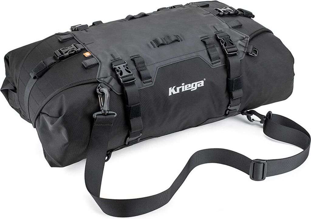 A black motorcycle tail bag with straps and buckles.
