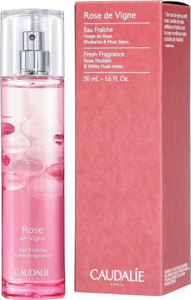 A bottle of Caudalie Rose de Vigne Eau Fraiche and its packaging.