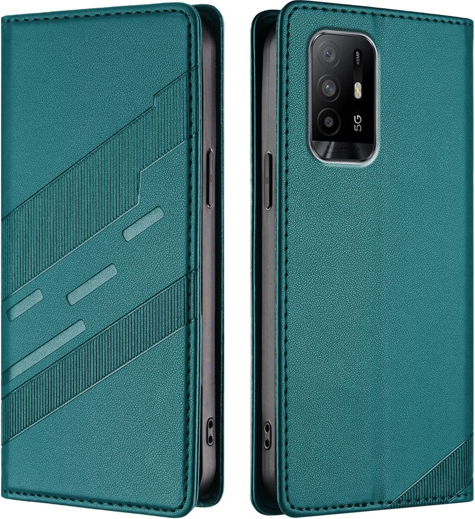 Hülle für Oppo A74 4G/A95 4G, Kunstleder Brieftaschen Handyhülle mit Kartenfach und Standfunktion Grün