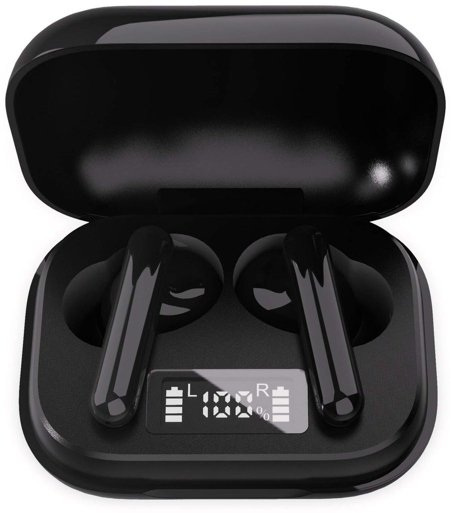A pair of black wireless earbuds with their charging case open, displaying a digital battery indicator.