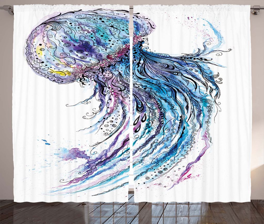 ABAKUHAUS Qualle Rustikaler Gardine, Aqua Farben kreativ, Schlafzimmer Kräuselband Vorhang mit Schlaufen und Haken, 280 x 225 cm, Lila Weiß Blau