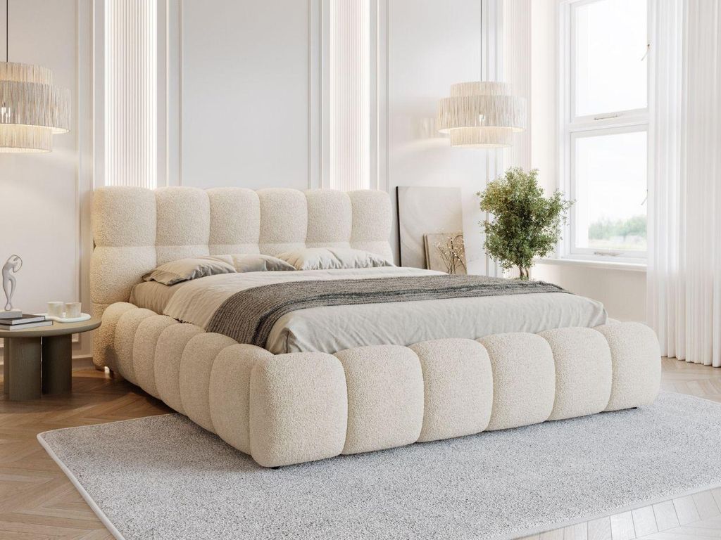 FurniDe24 Polsterbett Ted 160x200 cm - Bett 160x200, Polsterbett mit Bettkasten & Lattenrost - Bouclé-Stoff - Bett Beige (Quelle 3)