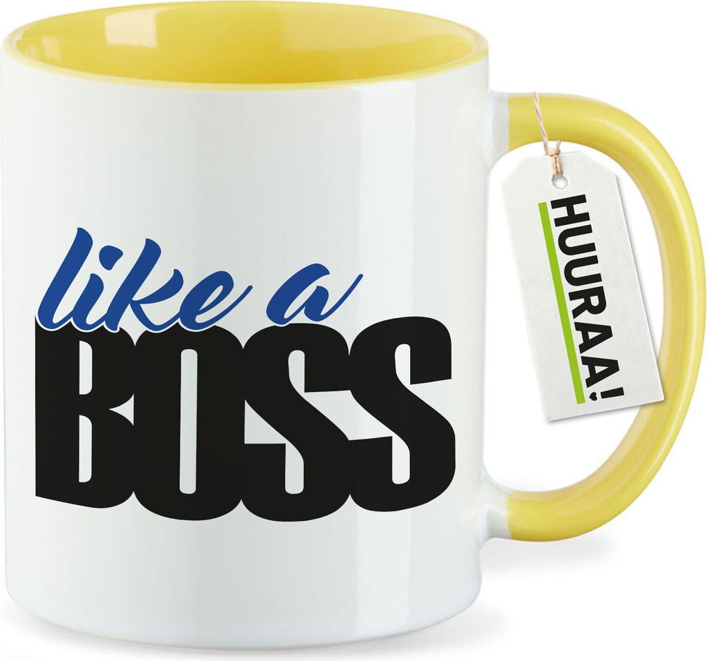 Huuraa Kaffeetasse like a Boss Spruch 330ml Gelb Keramik Kaffeebecher Geschenkidee