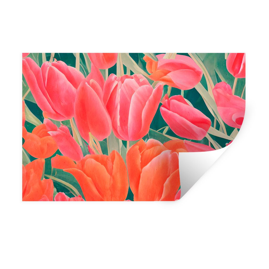 MuchoWow Wandtattoo Wandsticker Wandaufkleber Tulpen - Blumen - Rosa - Rot - Kunst 90x60 cm Selbstklebend und Repositionierbar - Aufkleber