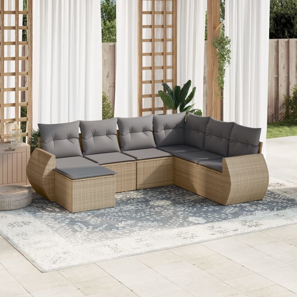Design 7-tlg. Garten-Sofagarnitur mit Kissen Beige Poly Rattan, Gartensofas 2024 Neu