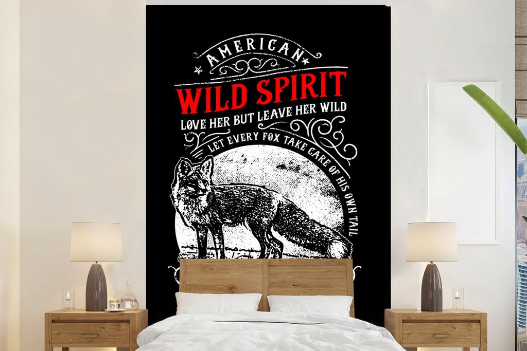 MuchoWow Fototapete für Wohnzimmer oder Schlafzimmer Wandtapete Vinyl Motivtapete Fuchs - Retro - Briefe - Zitat - 180x280 cm - Wallpaper