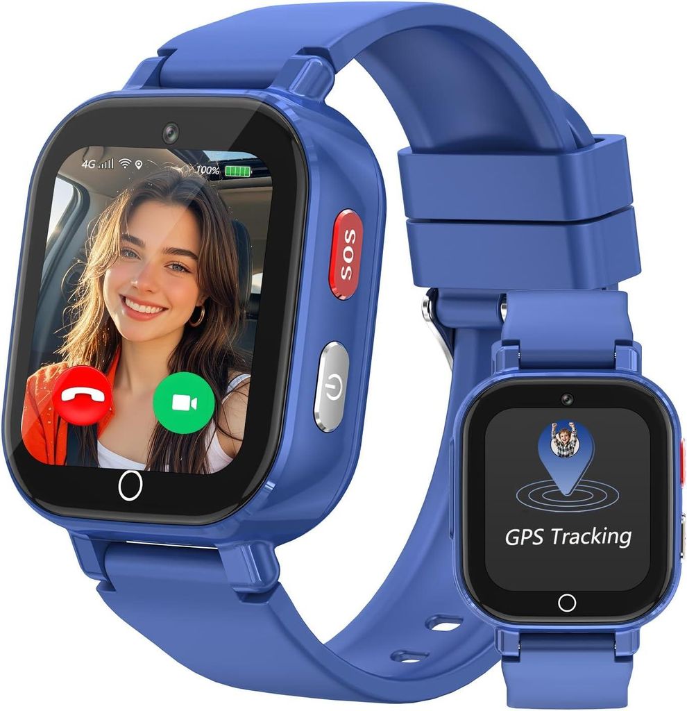 4G-Smartwatch für Kinder mit GPS und Telefonfunktion Videoanruf-, SOS-, WLAN-, Sprachchat-, Schulmodus, Schrittzähler und Wecker