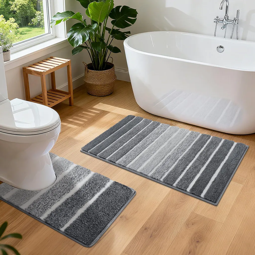 Tapis de bain gris lavables pour famille confort et sécurité 2 pièces