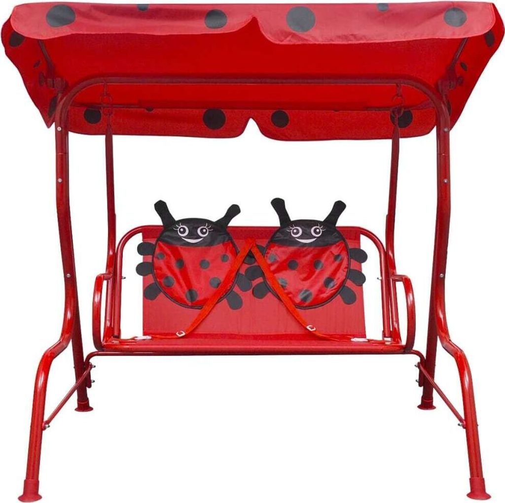 A red ladybug-themed children's swing set with a canopy.