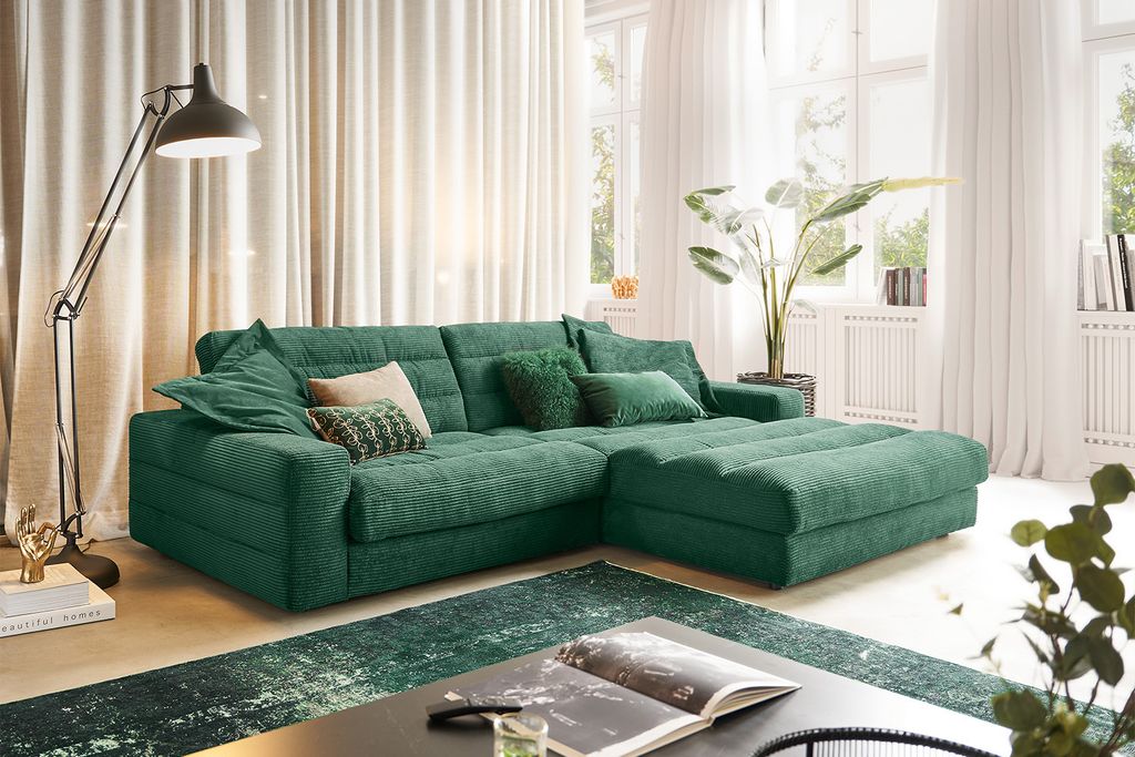KAWOLA Sofa LANA Ecksofa Cord smaragd Recamiere rechts