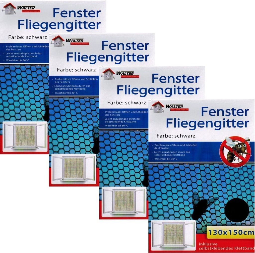 Fliegengitter Mückengitter Insektenschutz Fenster Schwarz mit Klettband 130 cm x 150 cm 4 Stück