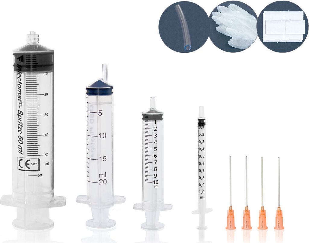 Spritzen Set 1ml, 10ml, 20ml, 50ml mit 4x stumpfen Kanülen