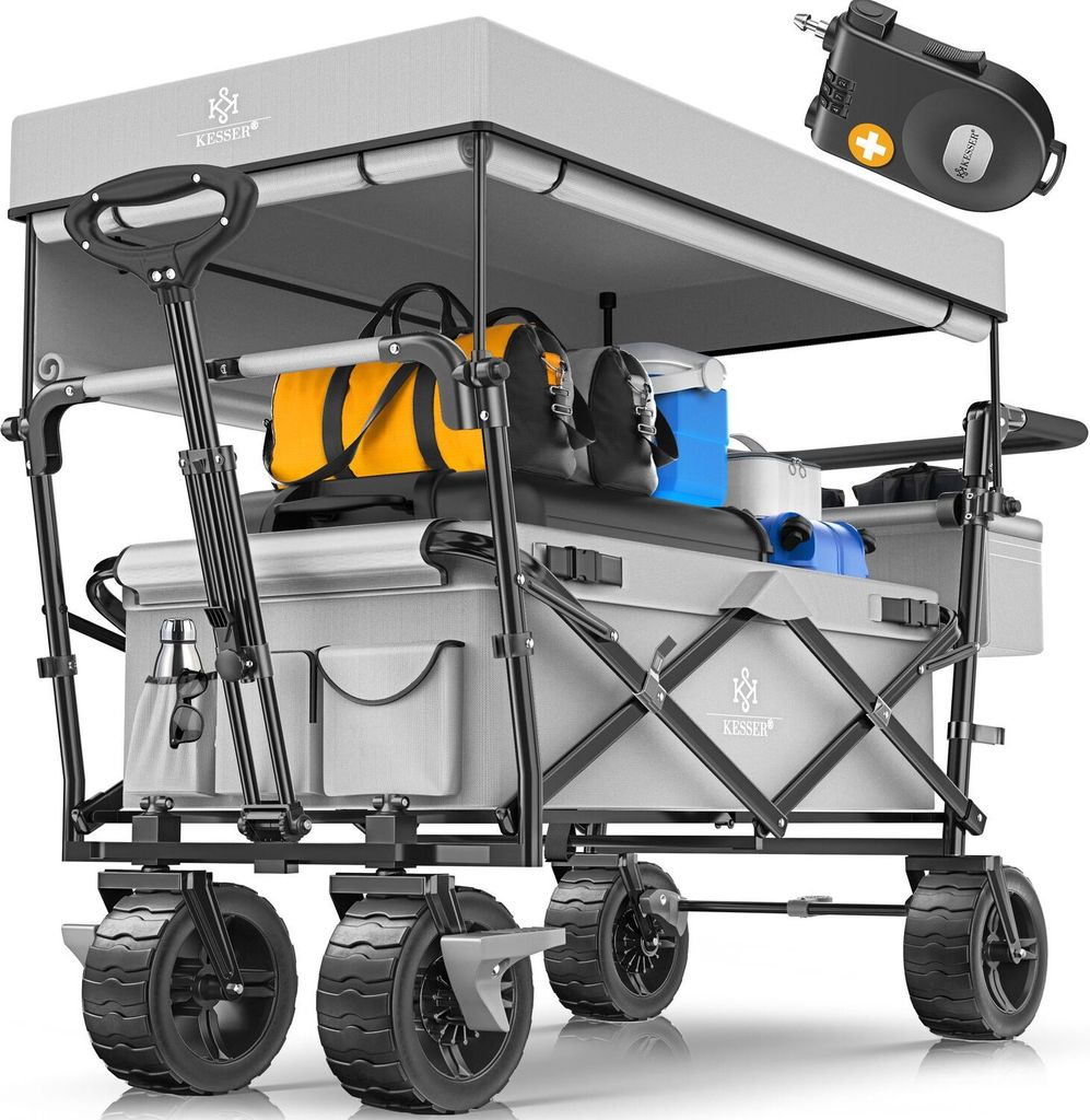 KESSER Bollerwagen faltbar GT9000 Handwagen mit Dach | Transportwagen max. belastbar bis 150kg mit Hartgummi-Räder & Feststellbremsen (Vorne & H...