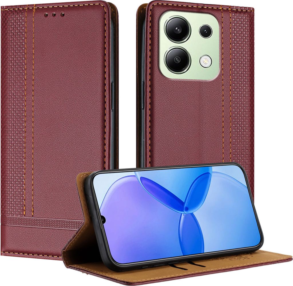 Handyhülle für Xiaomi Redmi Note 13 4G Leder Flip Klappbare Schutzhülle mit Standfunktion Dunkelrot