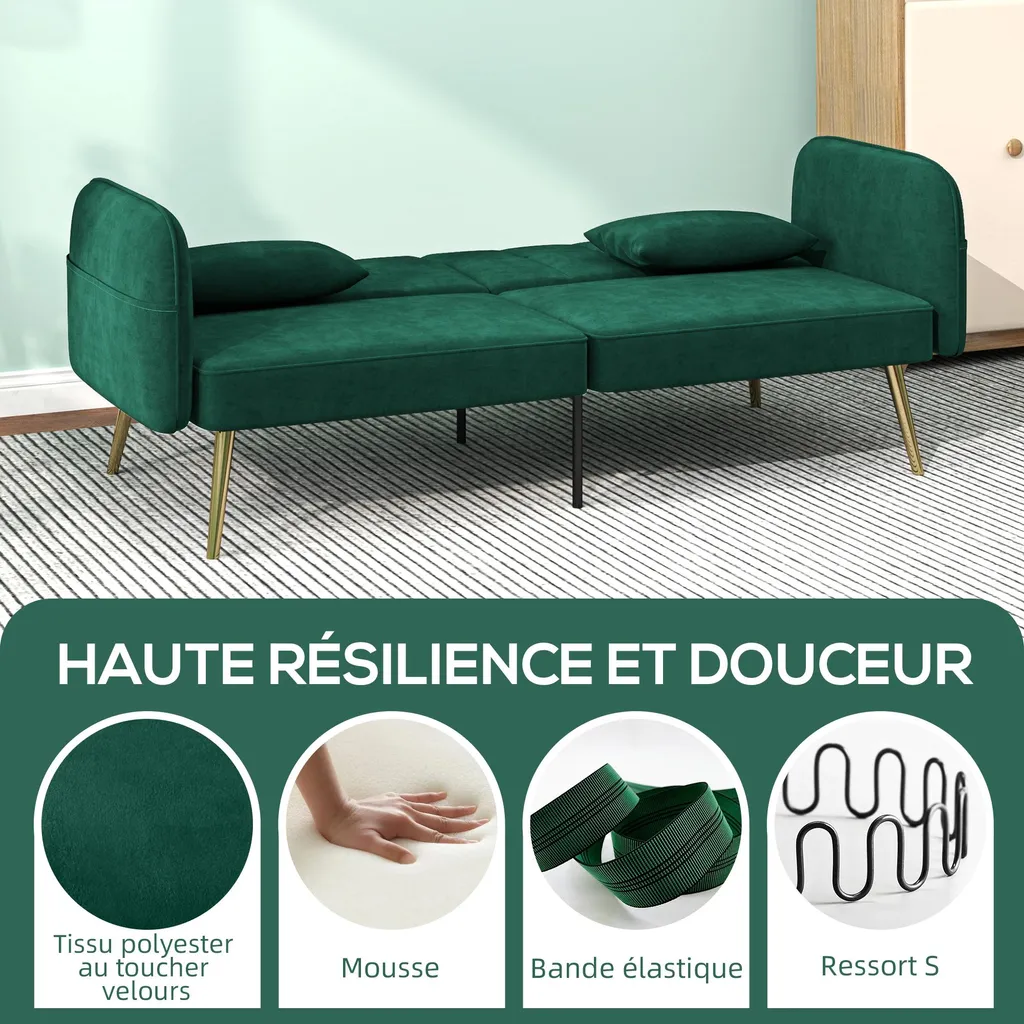Canapé convertible gain de place : lit d'appoint 2 places velours vert - 8