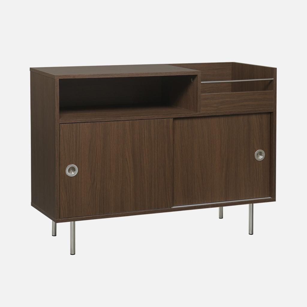 sweeek - Vintage Schallplattenschrank mit Holzdekor und Produktbild 