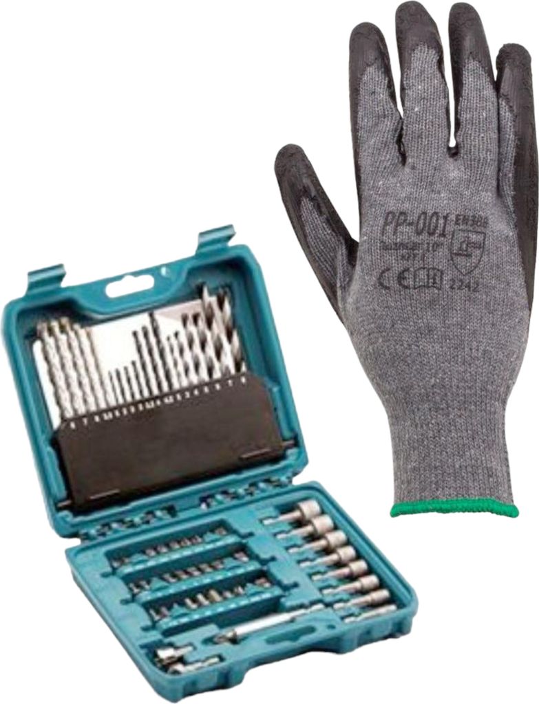 Set 120- Strickhandschuh, Latex schwarz K036 Größe 10 + Makita Zubehöre-Set P-90358 1 Set