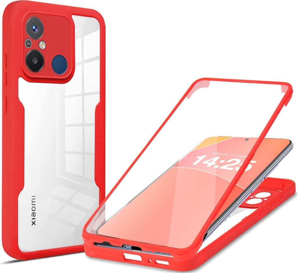 360 Grad Handyhülle für Xiaomi Redmi 12C Full Cover Rundum Schutz Farbe: Rot