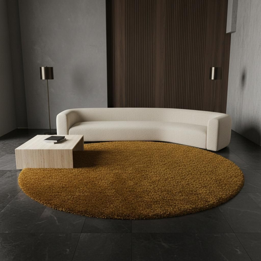 Flauschiger Teppich Einfarbig Samtweich Waschbar Strapazierfähig | Rund Gold 120x120 cm Flur Gekettelt Schnelltrocknend | SPREE – Kadima Design