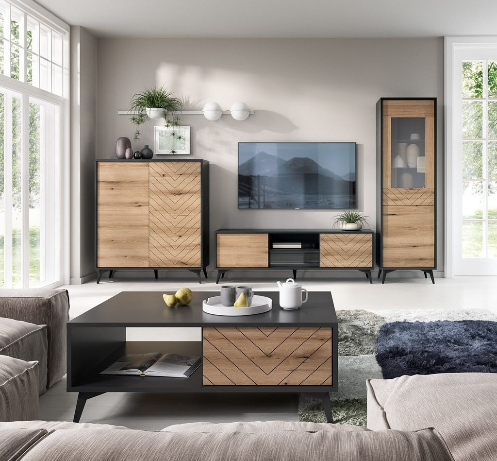 Wohnzimmer-set DIAMOND 2 TV-Schrank RTV 154 + Couchtisch L104 +Vitrine W54 + Kommode KD104 Schwarz / Evoke Eiche