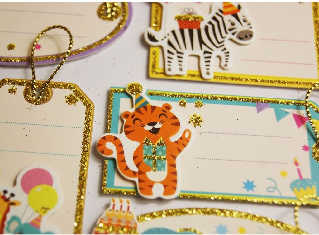 8 selbstklebende Geschenkanhänger - Tiere und Geburtstag - Glitter