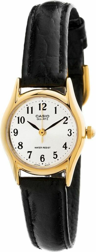 A close-up studio shot of a women's Casio watch with a gold-tone case, white dial, black leather strap, and gold-tone hands and hour markers.