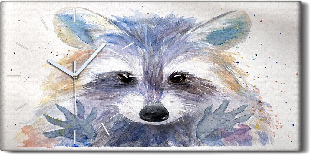 Leinwand Wanduhr Wandkunst Uhr 60x30 Kunst Tierisch farbig Waschbär Skizze - weiße Hände