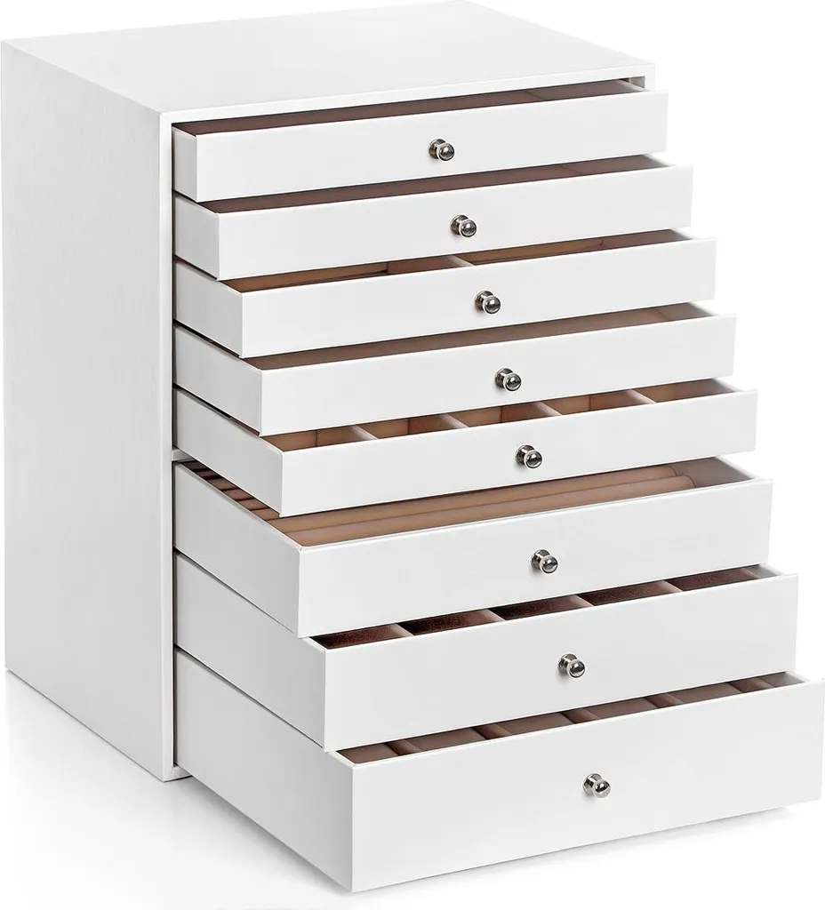 Organisateur de Bijoux 8 Tiroirs Blanc - Coffret pour Commode Dressing