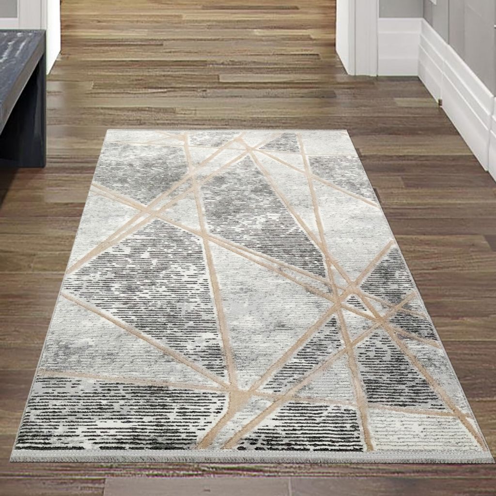 Designer Schlafzimmer Teppich | geometrisches Muster | beige Größe - 80 x 150 cm