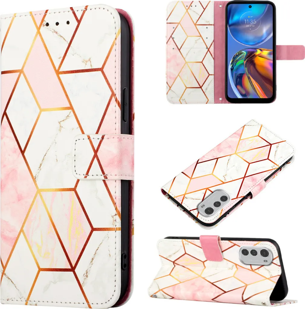 Custodia Moto E32 in Finto Cuoio Marmo Rose Gold con Porta Carte