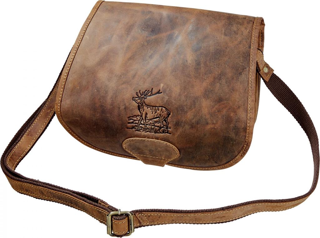 A brown leather messenger bag with a deer embossed on the front.