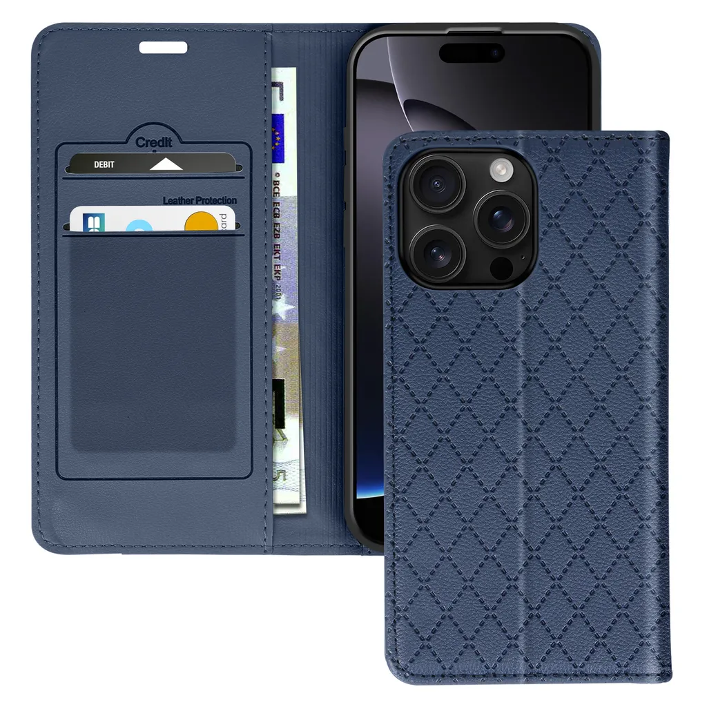 Avizar, custodia per iPhone 16 Pro Max con motivo a diamante, scomparti e funzione stand, blu scuro