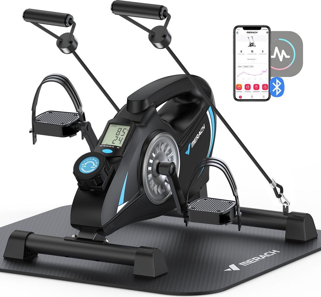 Leiser Arm- & Beintrainer Mini-Bike – 16 Stufen, LCD-Display, rutschfeste Matte, inkl. 2 Widerstandsbänder, platzsparend für Büro & Zuhause