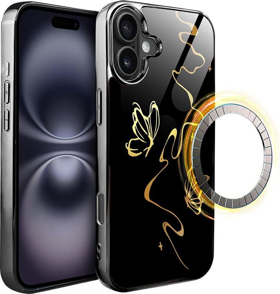iPhone 16 IBIZU Elite Glass Case mit MagSafe, Glasrückseite, Golden Midnight, Schmetterlingseffekt, Schwarz