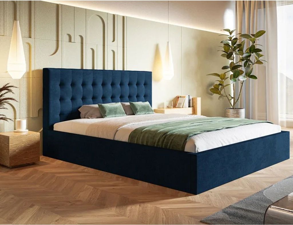 Polsterbett SIM 2 mit Kopfteil, 180x200 cm, Doppelbett mit Bettkasten und Lattenrost aus Holz, Velourstoff, Farbe: Blau