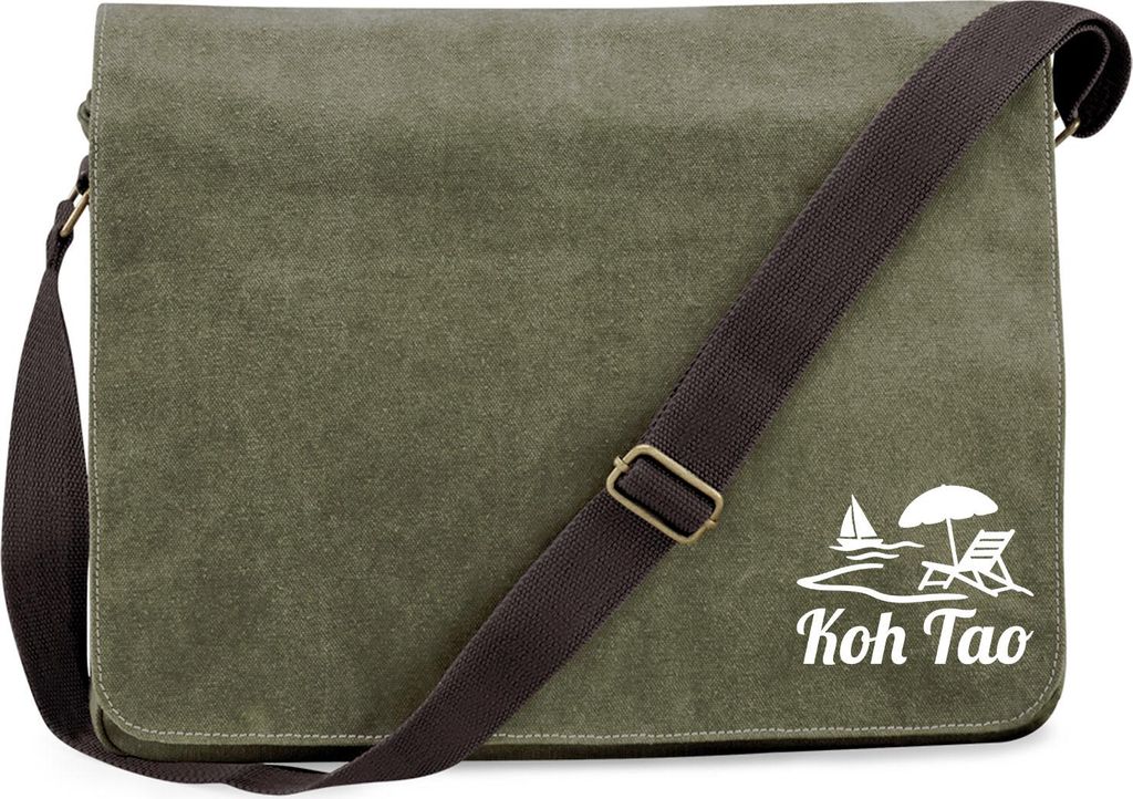 Huuraa Umhängetasche Koh Tao Inselmotiv Thailand 14 Liter Military Green Canvas Laptoptasche Geschenkidee