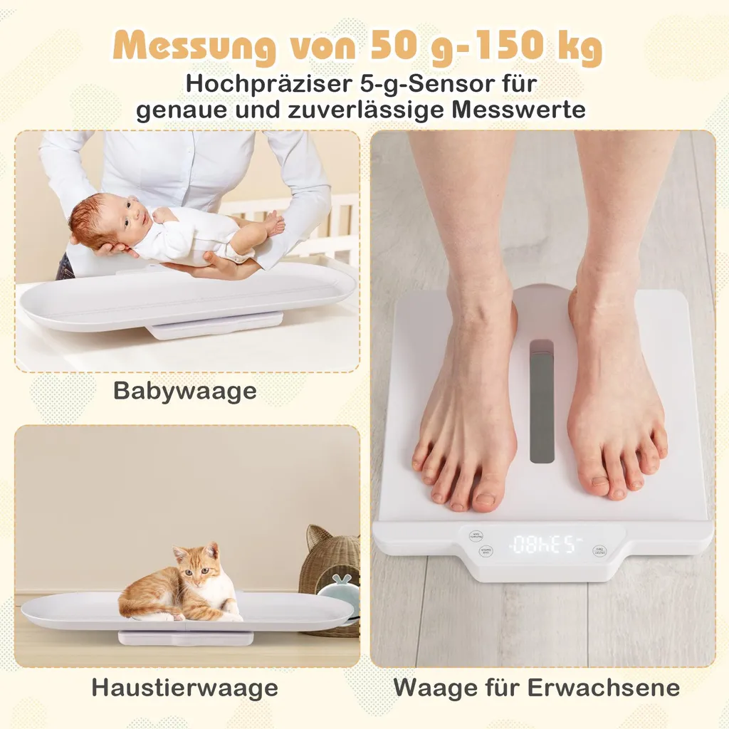 Pèse-bébé haute précision 150kg avec 5 modes et plateau amovible LED