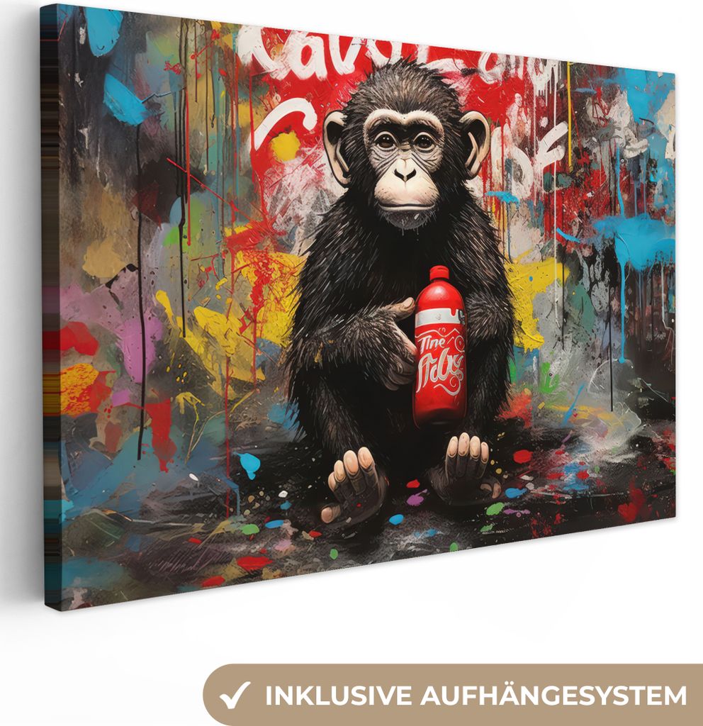 Leinwandbilder 60x40 cm - Graffiti - Affe - Tiere - Kunst - Flasche - Farben, Bilder Wohnzimmer Modern, Wanddeko