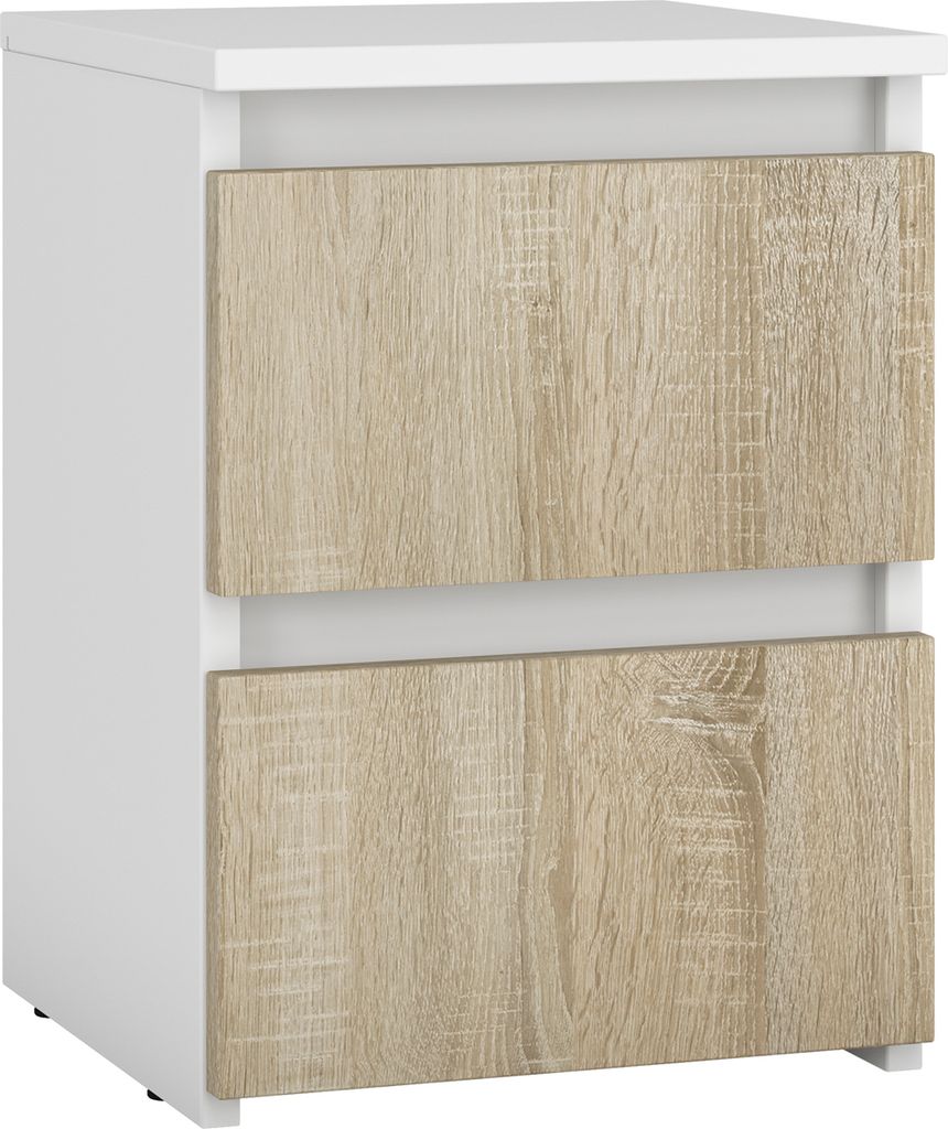 A white and wood-grain bedside table with two drawers.